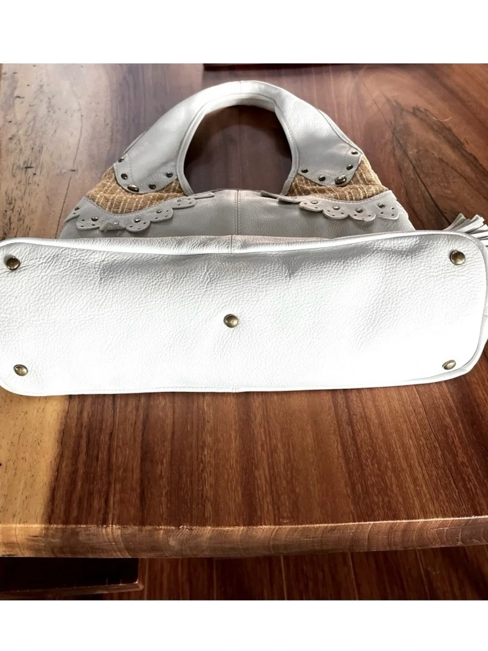 Kate Landry White Leather Studded Hobo Shoulder Bag Tweed Scallop Boho EUC